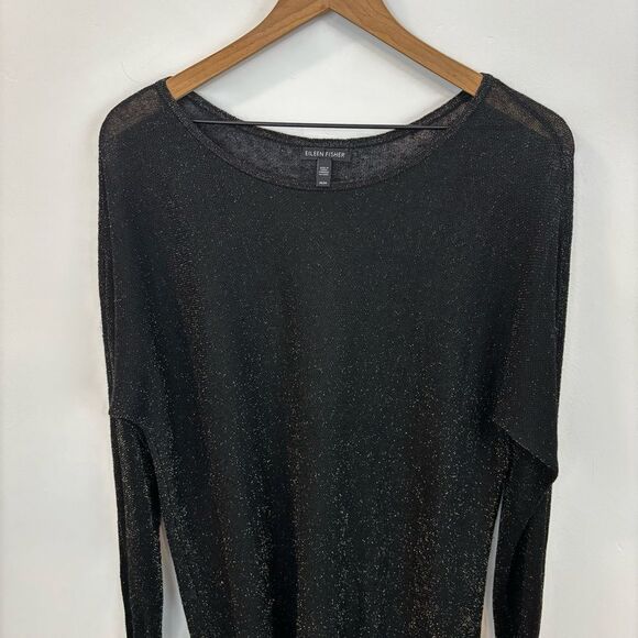 Eileen Fisher Black/Gold Bateau Neck Linen Crepe Tunic Metallic Thread Size Med - Picture 6 of 15